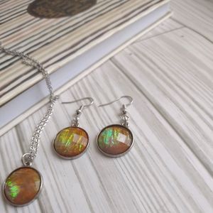 Casual soft glam silver necklace multi colored gem with matching earrings